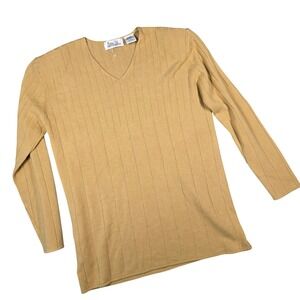 Vintage Ashley Hill V-Neck Sweater Gold Yellow Ribbed Long Sleeve Knit Medium